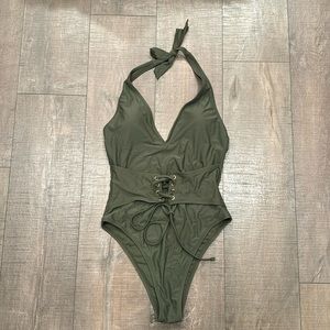 Express high cut halter lace up army green one piece M